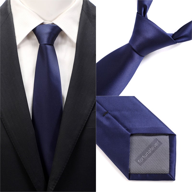fortunatever Mens Solid Satin Neckties With Gift Box+Pocket Square(Navy Blue) - Image 3